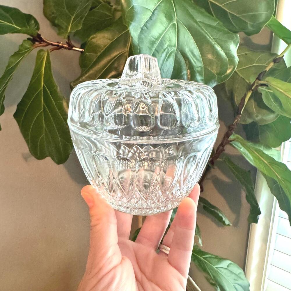 Vintage French Reims Glass Jar with Final Lid - Diamond Cut Vanity Dish Decor